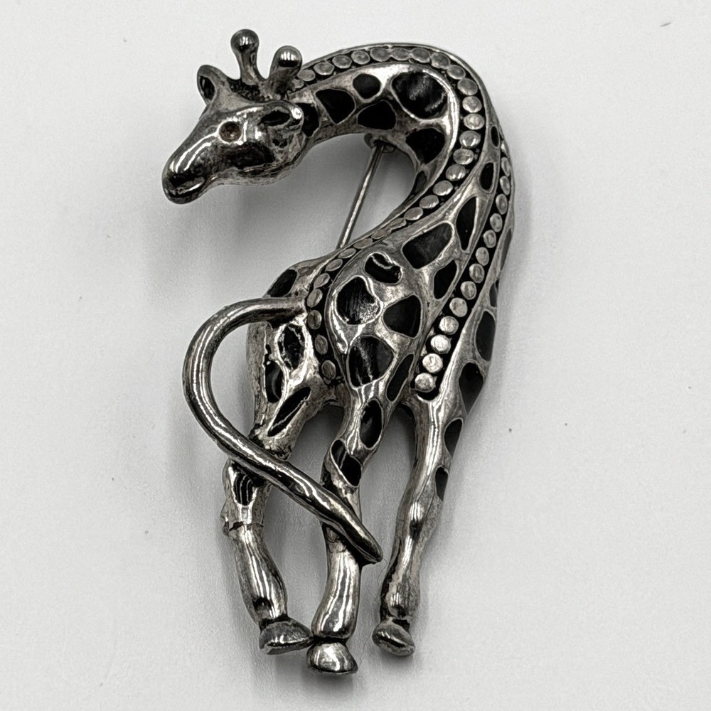 Vintage Silver Tone Black Enamel Giraffe Animal Figural Brooch Pin 2.25 Inch